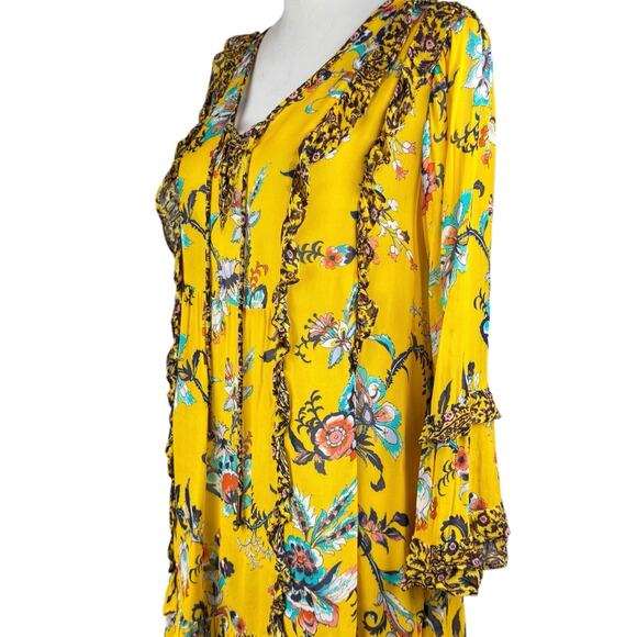 Anthropologie Marigold Yellow Bright Floral Ruffle V-neck Sheer Tunic Blouse - Picture 11 of 15